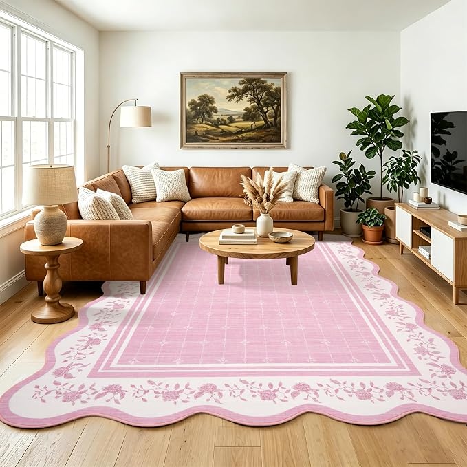 Garvee Washable Rugs for Living Room 8x10 Area Rugs Scalloped Rug Pink | Modern Bordered Non Slip Large Kids Bedroom Carpet Indoor Stain Resistant Floor Cover for Bedroom Dining Room Office Nursery