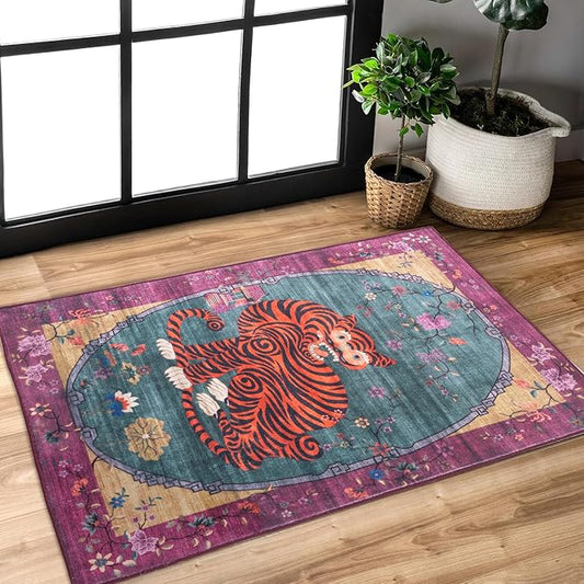 Vintage Tibetan Rug - 2x3, Non-Slip, Washable Rugs for Bathroom, Kitchen, Indoor, Entryway, Oriental, Traditional,Distressed, Tribal, Asian Accent Floor Mat