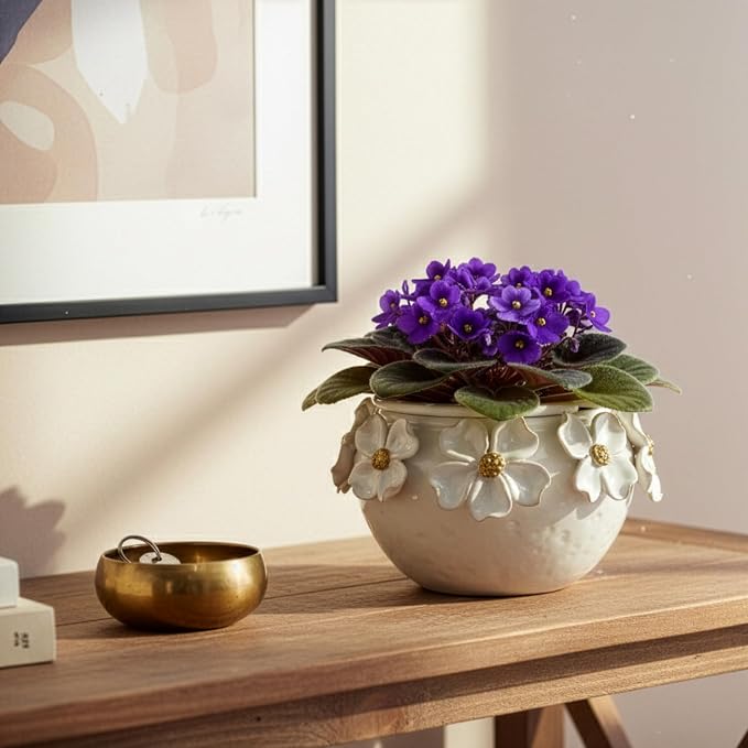 HERDUK 7.5” Ceramic Self Watering African Violet Planter with Hand-Sculpted petalsl Design – Durable Indoor Plant Pot for Orchids, Succulents, and Houseplants
