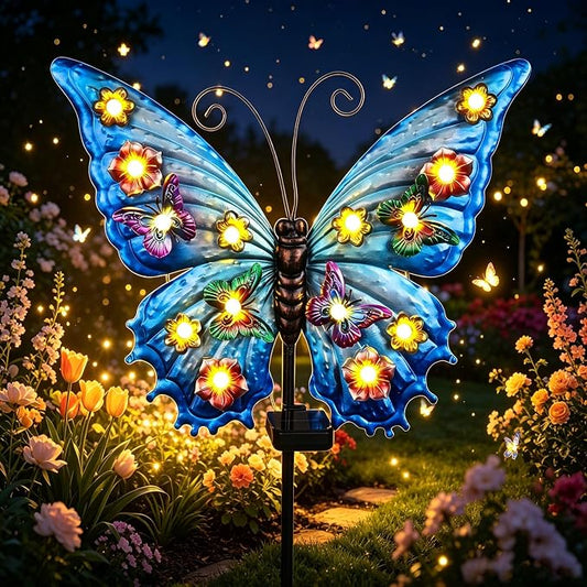 Butterfly Solar Lights Outdoor Waterproof 50.0" Large with String Bulbs and Flowers, Solar Garden Stakes Butterfly Yard Decor Gardening Gifts for Women Mom Grandma Gardeners Enthusiasts