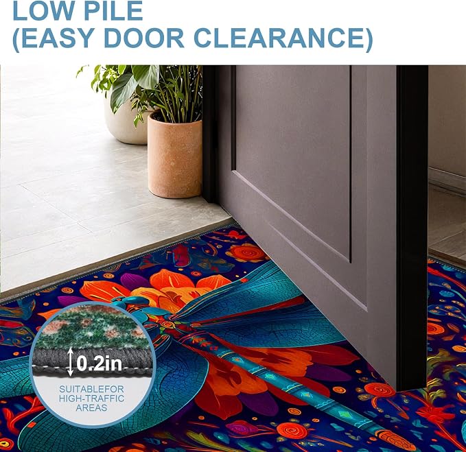 Dragonfly Floral 2x3 Entry Rug,Washable Small Rugs for Entryway Kitchen Bathroom Door Mat Indoor Entrance,Non Slip Rubber Backing,Stain & Fade Resistant,Vibrant Boho Farmhouse Decor