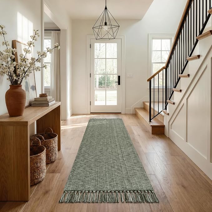 Boho Hallway Runner Rug, 2.6' x 7' Sage Green Bathroom Mats | Washable Modern Farmhouse Kitchen Runner Rugs, Hand Woven Entry Hall Carpet for Laundry Bedroom Decor