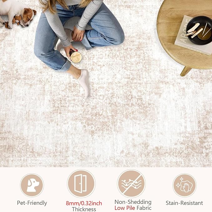 Area Rug 5x7 Vintage Rugs: Washable Living Room Rug Retro Medallion Distressed Large Rug Soft Low Pile Non-Slip Rugs Indoor Floor Carpet for Bedroom Kitchen Nursery Dining Table Office (Beige/Brown)