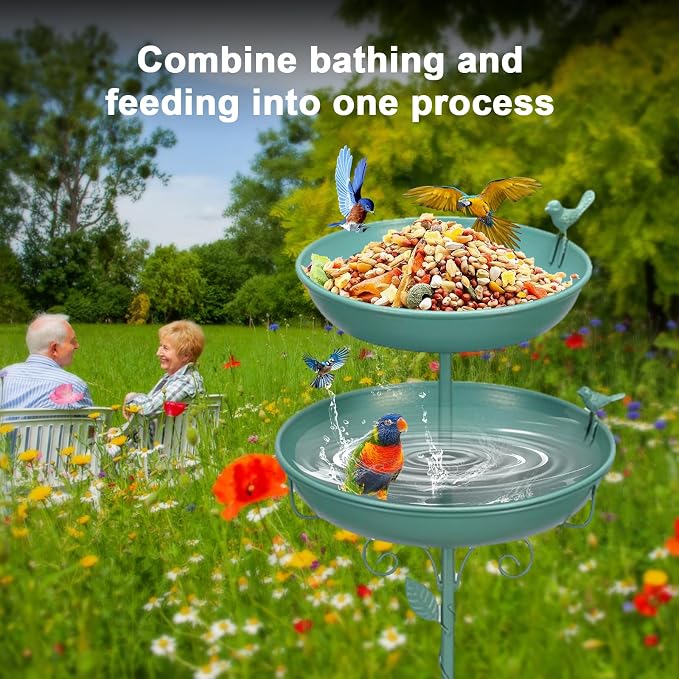 Bird Bath for Outside Green 2-in-1 Freestanding Garden Birdbath | Metal bird bath with floral scroll 5-Pronged Base Deep large bowl for birds drinking & bathing Yard patio landscape decor