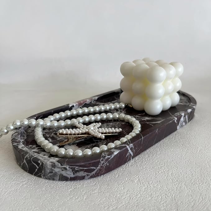 Natural Marble Oval Tray Ornaments Vintage Small Tray Storage Dish for Counter, Vanity, Dresser, Nightstand and Desk (Rosa Levanto)