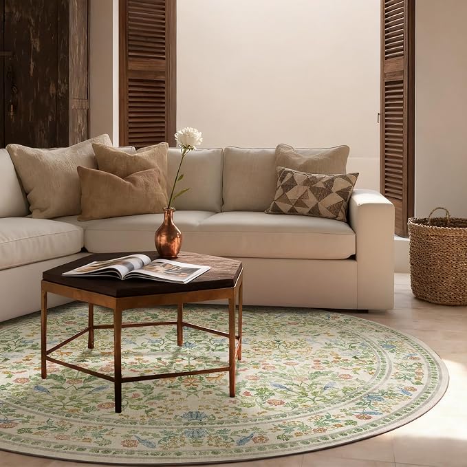 Washable Round Rugs for Bedroom 4ft: Living Room Rug Stain Resistant Non Slip Low Pile Ultra Soft Faux Wool Small Circle Rugs for Kitchen Entryway Nursery Dorm Home Office Bathroom Entrance Indoor