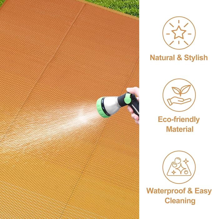 Lahome Waterproof RV Outdoor Rugs for Camping 8x10,Reversible Plastic Straw Rug Patio Rv Mats for Outside Under Awning,Portable Lightweight Carpet for Porch Backyard,Orange-Yellow 8x10