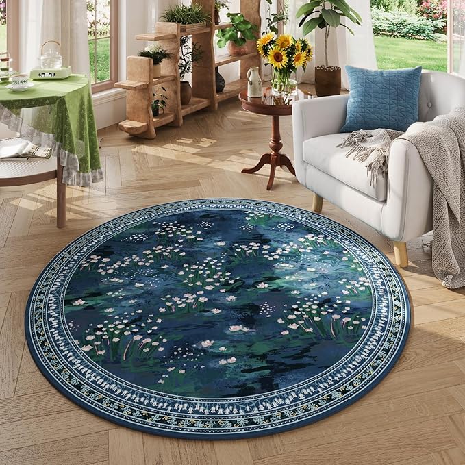 Rugcomf Circle Rug Impressionist-Style Vintage Round Rug 4ft Non Slip Low Pile Small Circular Rug for Bedroom Bathroom Entryway Kids Room Office College Dorm, Blue
