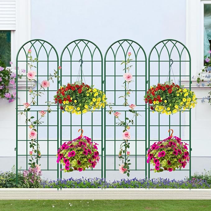 SUNYRISY 4Pack Metal Garden Trellis for Climbing Plants Outdoor, 71x20in Metal Plant Support for Flowers Tomato Cucumber Rose Vegetable Garden Courtyards Lawns Decoration, Green