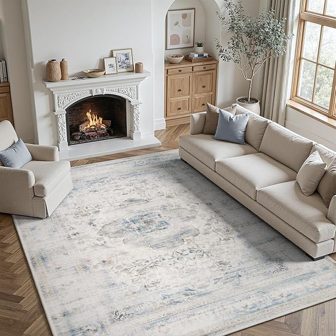 DCX Washable 8x10 Blue Rug Stain Resistant Distressed Vintage Rug | Kid & Pet Friendly with Rubber Back Non Slip Soft Low Pile Large Carpet for Living Room, Bedroom, Home Office