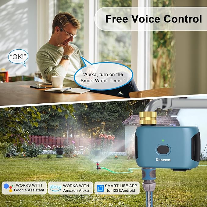 WiFi Water Timer with Brass Inlet, 1 Zone Smart Sprinkler Timer for Garden Hose Faucet, Hose Timers with Up to 20 Watering Plans, APP & Voice Control, Compatible with Alexa (2.4GHz Only)