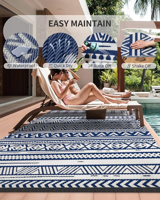 MontVoo-Outdoor Rug Carpet Waterproof 5x8 ft Reversible Patio Rug RV Camping Rug-Plastic Straw Rug Outside Indoor Outdoor Area Rug for Patio Deck Balcony Picnic Beach Outdoor Decor Boho Navy Blue