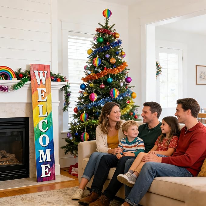 Vertical Wood Welcome Sign for Front Porch Vertical Decorative Sign Front Door Outdoor Indoor Welcome Sign 47.2x7.8 Inch Large Farmhouse Style(Rainbow)