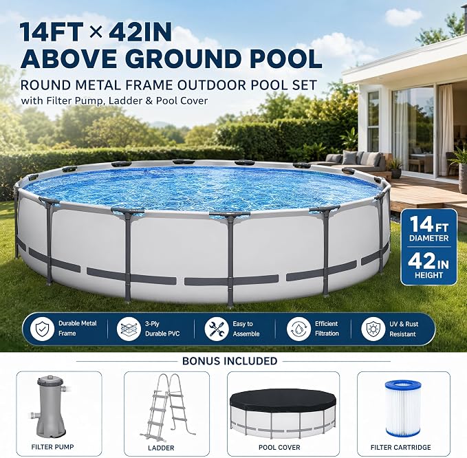 Above Ground Pool 14ft x 42in Steel Frame w/Pump Ladder Cover | 15x48ft, steel frame rust-proof, tool-free setup, 1000gal timer pump, ladder, cover, spare filter. 3-layer PVC liner.