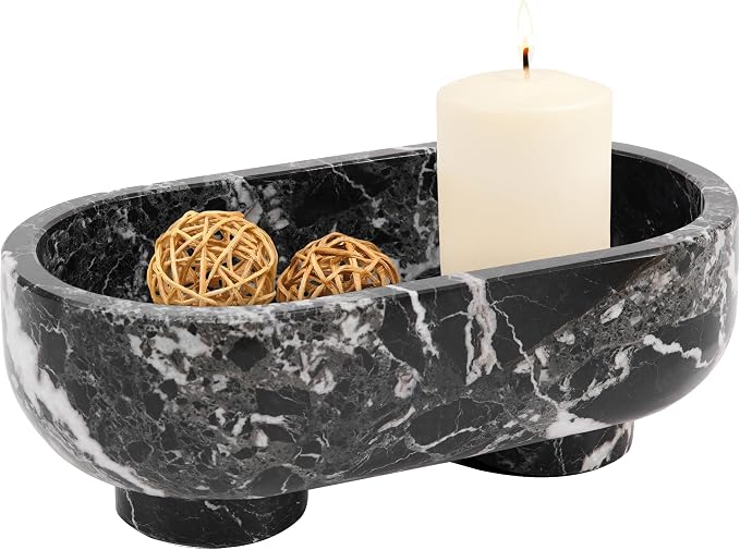 Radicaln Marble Oval Bowl With Stand 10" Inches Black Handmade Candy Dish and Candle Holder, Ideal Key Bowl, Fruit and Decorative Bowl For Entryway Table