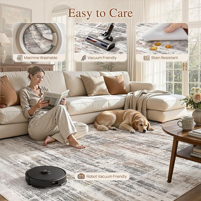 UERMEI 10x12 Area Rug for Living Room Washable Abstract Grey/Rust/Brown | Low Pile Non-Slip Soft Neutral Modern Carpet Kid Pet Friendly Large Rugs For Bedroom Dining Room Nursery Office Indoor Decor