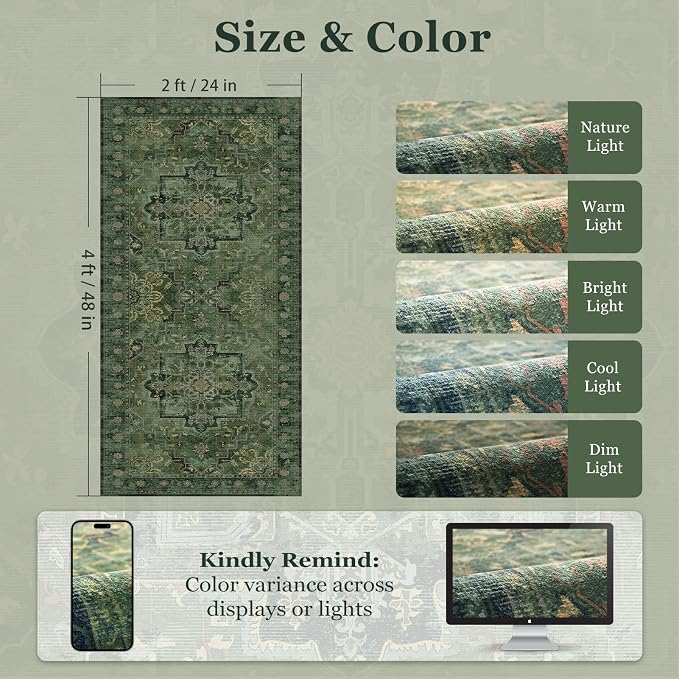 Dark Green 2x4 Entryway Small Rug, Retro Distressed Medallion Door Mat Indoor Entrance Entry Way, Washable Non Slip Low Pile Thin Runner Rug for Kitchen Floor Sink Area Bathroom