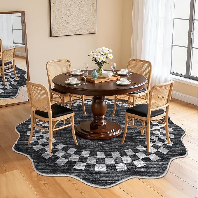 GarveeHome Washable Scalloped Round Rug 4ft Modern Solid Color Circle Rugs | Non Slip Low Pile Living Room Throw Carpat Bedroom Scalloped Round Area Rug Stain Resistant Bordered Rug for Kitchen, 4'x4'