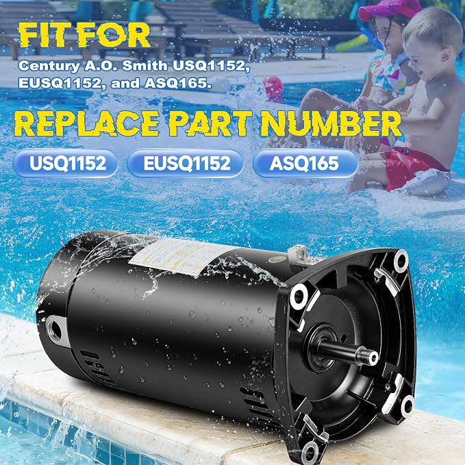 USQ1152 Pool Pump Motor 48Y Frame Fit for Century A.O. Smith 1.5 HP ASQ165 | 3450 RPM, 48Y Frame, 115/230V Dual Voltage, 19.2/9.6 Max Amps, Replacement for ASQ165 EUSQ1152