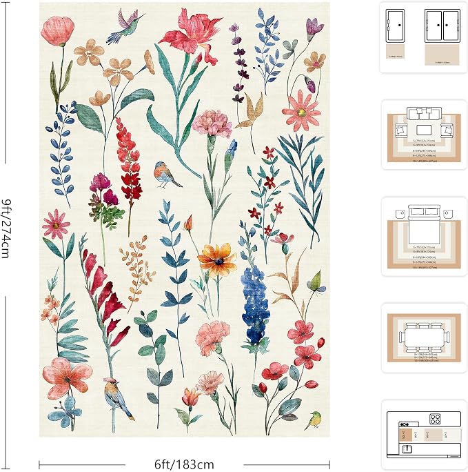 6x9 Area Rugs, Washable Floral Area Rugs for Living Room, Indoor Area Rug for Bedroom, Dining Room, Low Pile Non-Slip Non Shedding Rugs(Beige Floral)