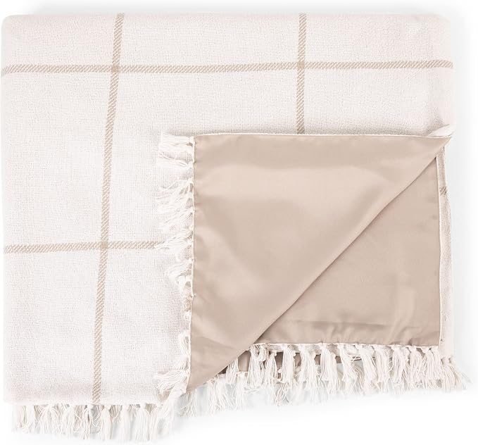 Picnic TIME Montecito Picnic Blanket with Harness, Large 60" x 70" Outdoor Blanket, Woven Cotton Top with Water-Resistant Poly Duck Backing, Sandproof Beach Mat for Camping & Travel (White & Taupe)