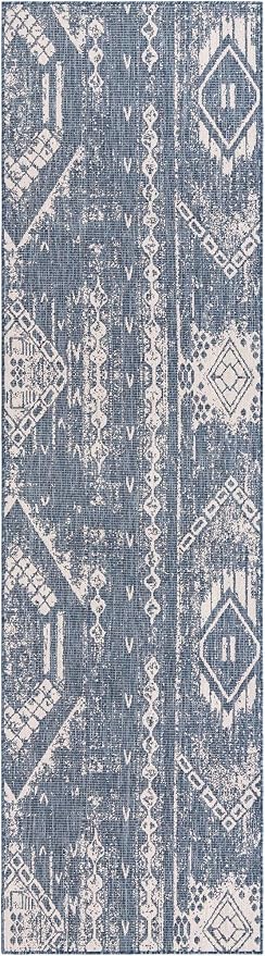 Unique Loom Outdoor Bohemian Collection Area Rug - Anthro (3' 3" x 12' Runner, Blue/ Ivory)