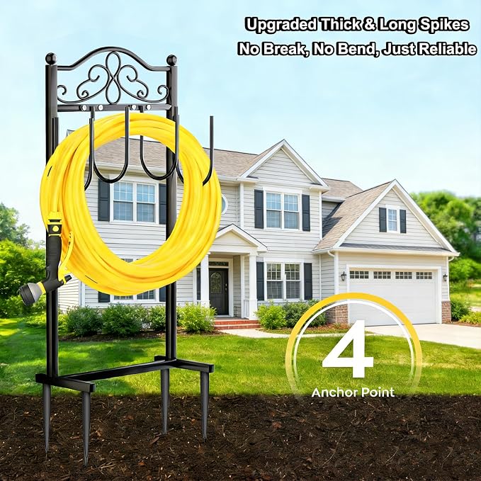 Upgraded Garden Hose Holder - Heavy Duty Freestanding Metal Hose Holder with 4 Stabilizing Spikes, Sturdy Hose Hanger up to 100ft Hose for Yard, Lawn & Outdoor Garden (Black)
