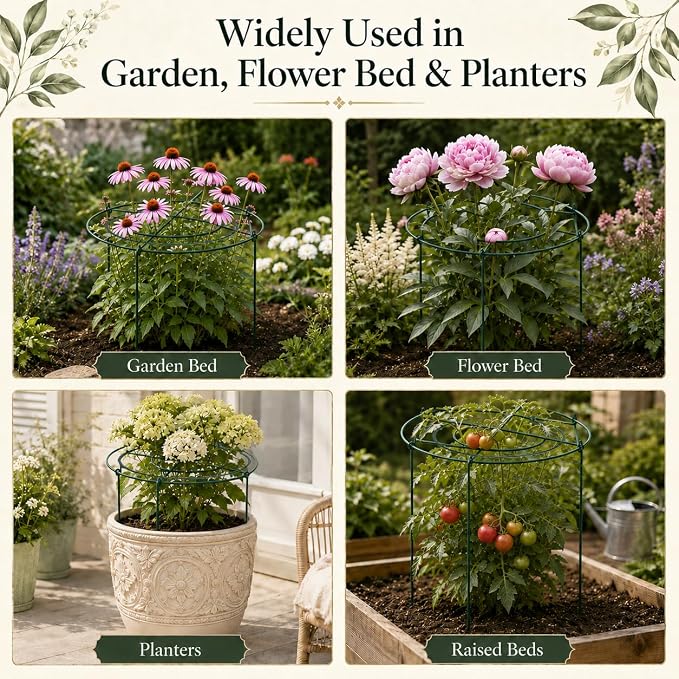 7 Pack Peony Cages and Supports, 13.8" D x 23.6" H Grow Through Plant Supports for Outdoor Plants, 4-Leg Metal Flower Support Rings with Rust-Resistant Coating for Peonies, Roses, Hydrangeas, Tomatoes