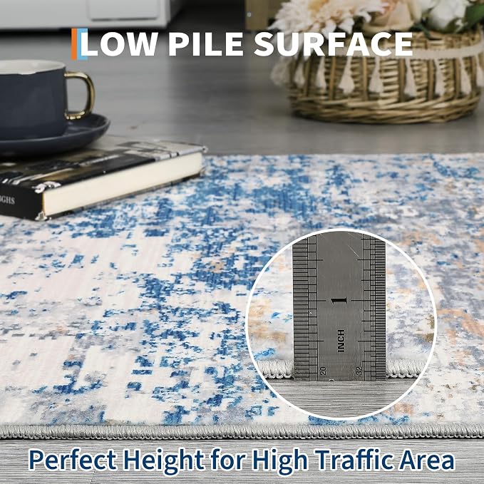 ROYHOME Modern Abstract 2x7 Runner Rug, Blue/Grey | Washable Non Slip Stain Resistant Rug for Hallway Kitchen Bedroom Non Shedding Low Pile Indoor Floor Cover
