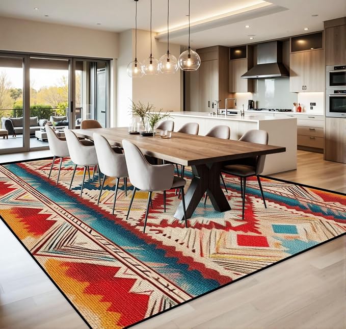 10x14 Area Rugs for Living Room Native American Indian Ornament Pattern Geometric Ethnic Textile Washable Large Area Rug for Bedroom Non Slip Outdoor Carpets Soft Mats Kitchen Home Office Decor