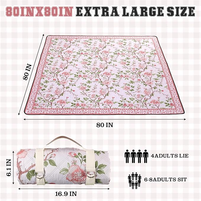 Newwiee 80 x 80 Inch Pink and Green Floral Picnic Blanket Extra Large Outdoor Chinoiserie Picnic Mat with Carry Strap Waterproof Sandproof Blanket Foldable Portable for Beach Camping Grass Lawn Park