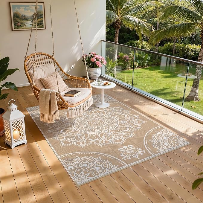 Pauwer Waterproof Outdoor Rug 5x8, Reversible Plastic Straw Patio Camping Rug, Indoor Outdoor RV Mat Carpet for Deck, Camper, Porch, Balcony, Backyard, Picnic, Floral Brown