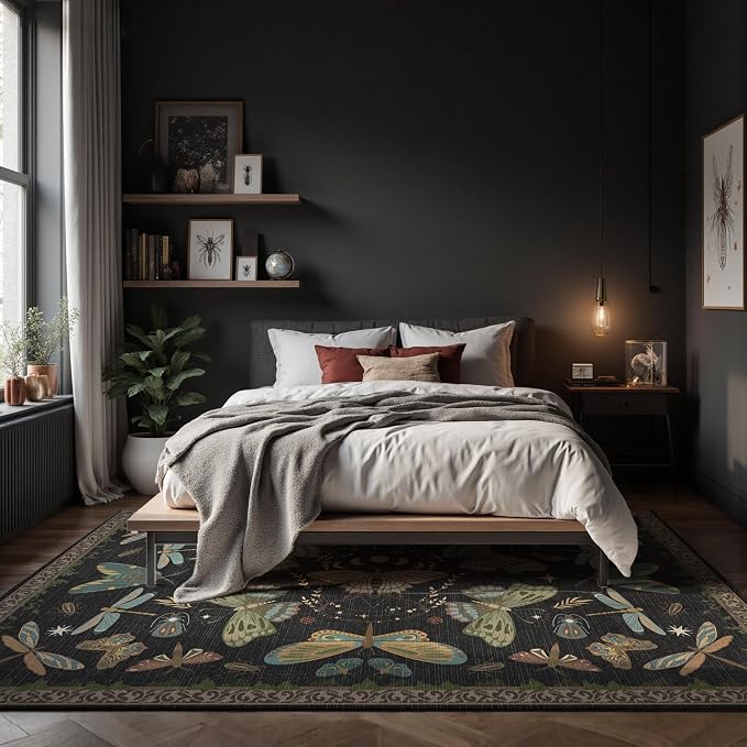Dark Academia Gothic Black Area Rug 8x10 - Moth Carpet with Fantasy Design, Luxurious Machine Washable Non-Slip Rug for Living Room, Bedroom.