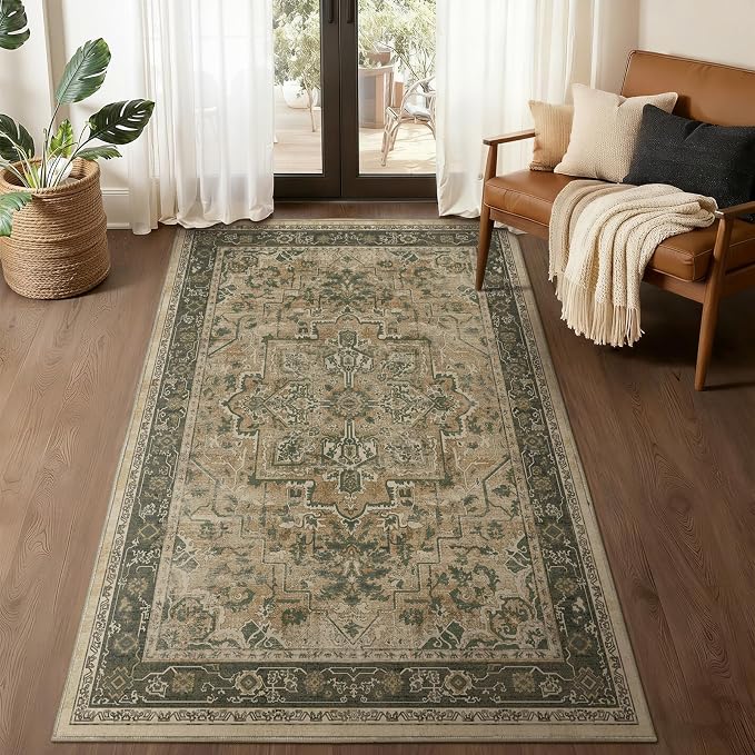 Vintage Medallion 4x6 Area Rugs for Living Room, Washable Non Slip Bedroom Bedside Throw Rug, Distressed Printed Low Pile Carpet for Entryway/Home Office/Kitchen, Multi Brown/Green