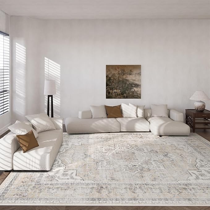 Area Rugs 9x12 Living Room: Washable Rugs for Bedroom Non Slip Low Pile Soft Faux Wool Non Shedding Distressed Vintage Boho Large Carpet for Dining Room Under Table Nursery Entryway Office Farmhouse
