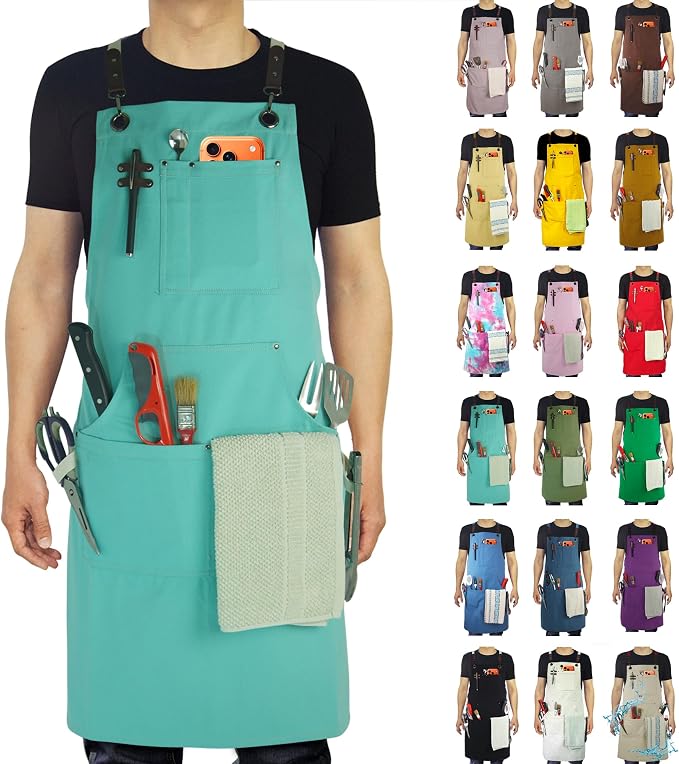 Kitchen Apron, Work Apron, Canvas Apron, Ice Blue | Multiple Pockets, Gardening, Painting, BBQ, Artist, Carpenter, Sizes M to XXL