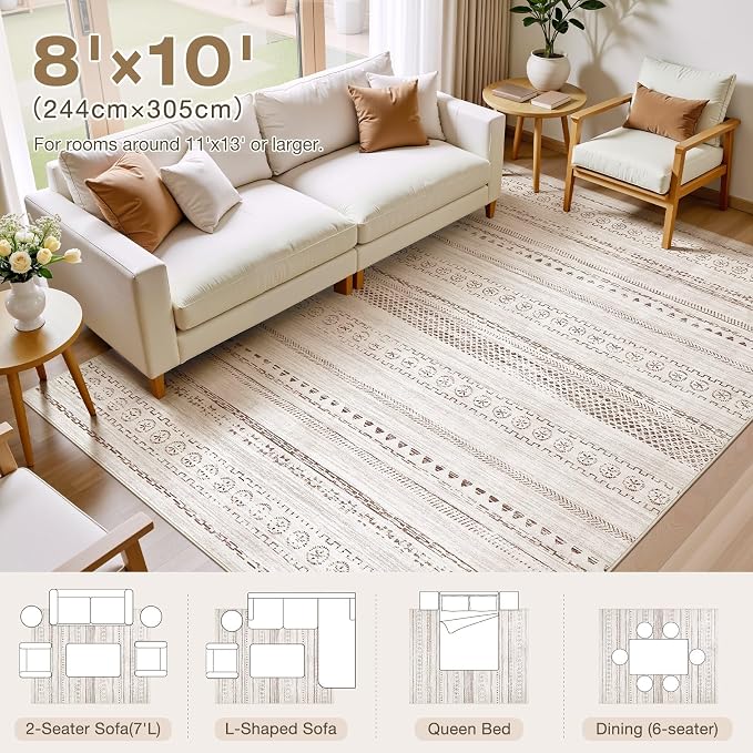 kakania Washable 8x10 Area Rug for Living Room: Boho Geometry Home Decor | Soft Stain Resistant, Low-Pile, Non-Slip, Pet & Kid Friendly, Thin Rug for Bedroom/Dining Room/Kids Dorm - Brown