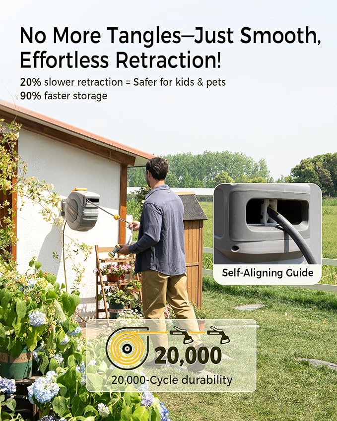 GLAHODEN Retractable Garden Hose Reel - 1/2 in x 130 ft Upgraded UV Resistant Automatic Wall Mounted Water Hose Reel 3/4 in Brass Fitting 9 Pattern Nozzle Any Length Lock Slow Retraction 180°Swivel