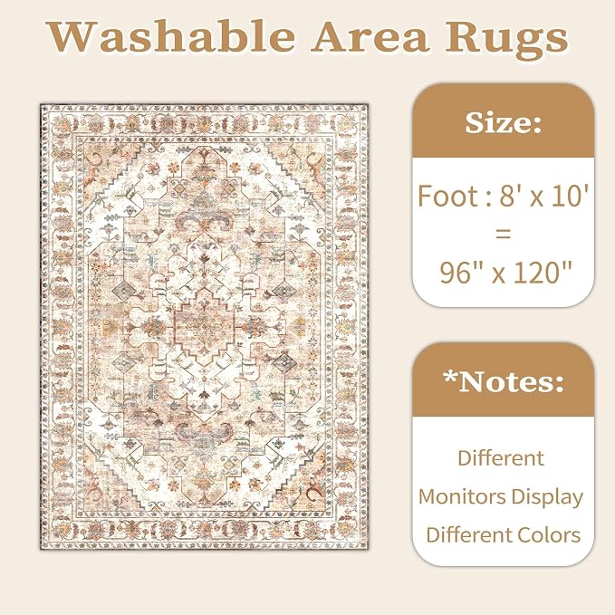 SERISSA 8x10 Washable Non Slip Boho Area Rug for Living Room，Peach Cream | Ultra Soft Vintage Oriental Carpet Low-Pile Distressed Tribal Throw Carpet for Dining Room Bedroom Dorm Office Home Decor