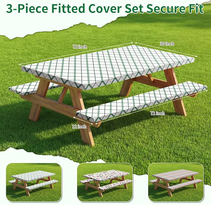 Picnic Table Cover with Bench Covers, Elastic Fitted Spandex Tablecloths for 6 Foot Rectangle Tables, Stretch Washable Patio Tablecloth for Outdoor