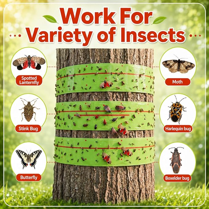 12 Rolls Spotted Lantern Fly Tree Trap 30 Feet Each Roll Lanternfly Tree Outdoor Fruit Fly Sticky Strips Paper Insect Sticky Barrier Trunk Wraps to Protect Plant, Lawn, Garden(Green)