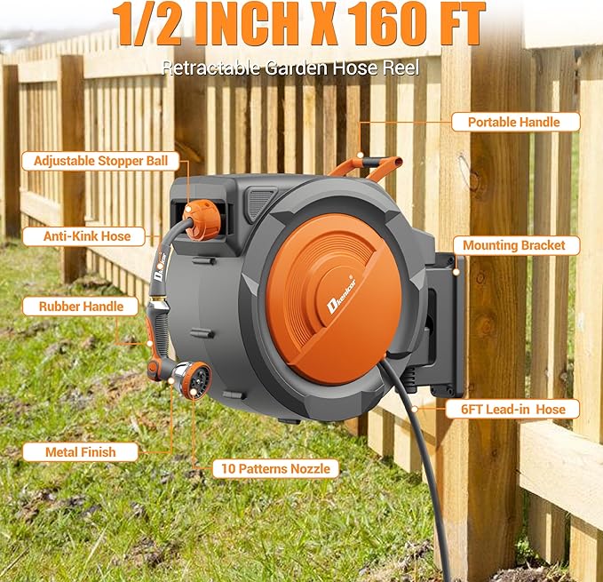 1/2" x 160 ft Retractable Hose Reel, Heavy Duty Retractable Garden Hose Reel Wall Mounted with 10-Pattern Hose Nozzle/Any Length Lock/Slow Return System/180°Swivel Bracket,Orange