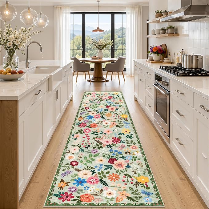 PLHXFR 3x10 Washable Runner Rug：Floral Indoor Kitchen Soft Carpet Green | For Hallway Bedroom Kitchen Laundry Bathroom Dorm,Vintage Floral,Machine washable,Non Slip,Stain Resistant,Indoor Floor