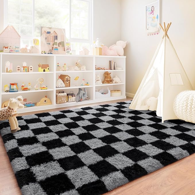 Checkered Rug for Living Room 6x9, Ultra Fluffy Fuzzy Shag Black and Grey Large Area Rug for Bedroom, Modern Plush Soft Upgrade Non-Slip Carpet for Kids Girls and Boys Room Dorm Home Decor