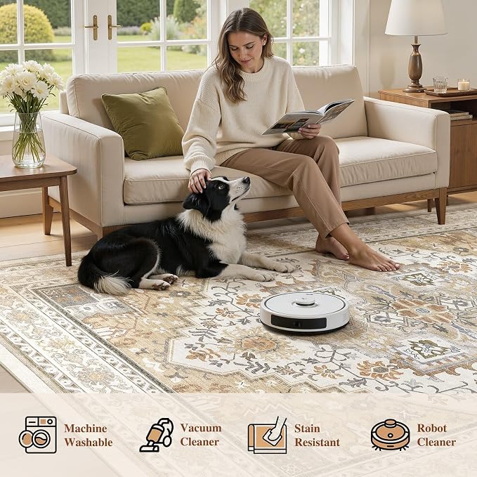 UERMEI 8x10 Area Rug for Living Room - Washable Vintage Carpet, Non-Slip Soft Large Indoor Floor Rugs for Bedroom Home Office & Under Dining Table Decor, Brown Beige