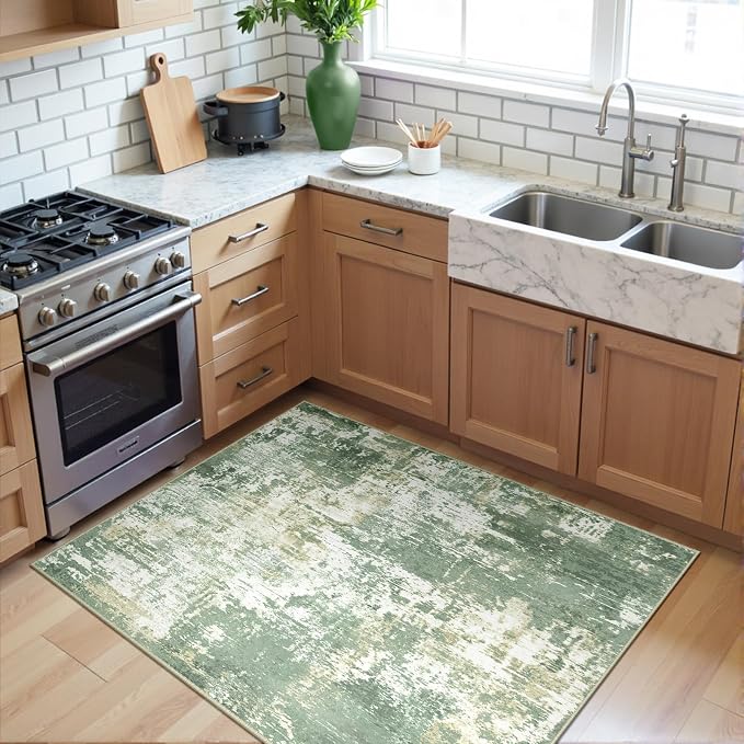RELEANY Washable 3'x5' Abstract Area Rug for Living Room Light Green | Carpet for Bedroom, Kitchen, Office, Hallway and Entryway, Printed Pattern, Non‑Slip, Soft, Stain‑Resistant, Easy to Clean