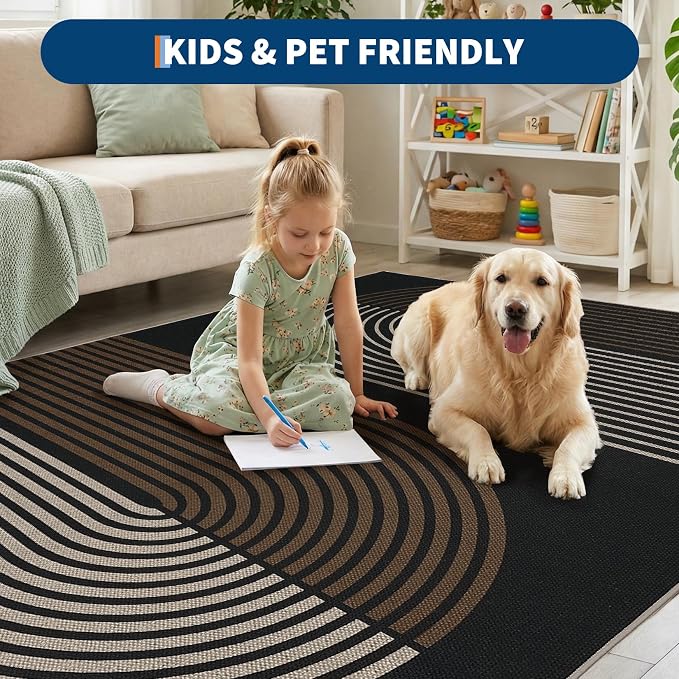 GarveeHome Modern Rainbow Easy Jute 4x6 Area Rug, Indoor Outdoor Reversible Low Pile, Non-Slip & Washable Carpet for Living Room, Bedroom, Kitchen, Sunroom