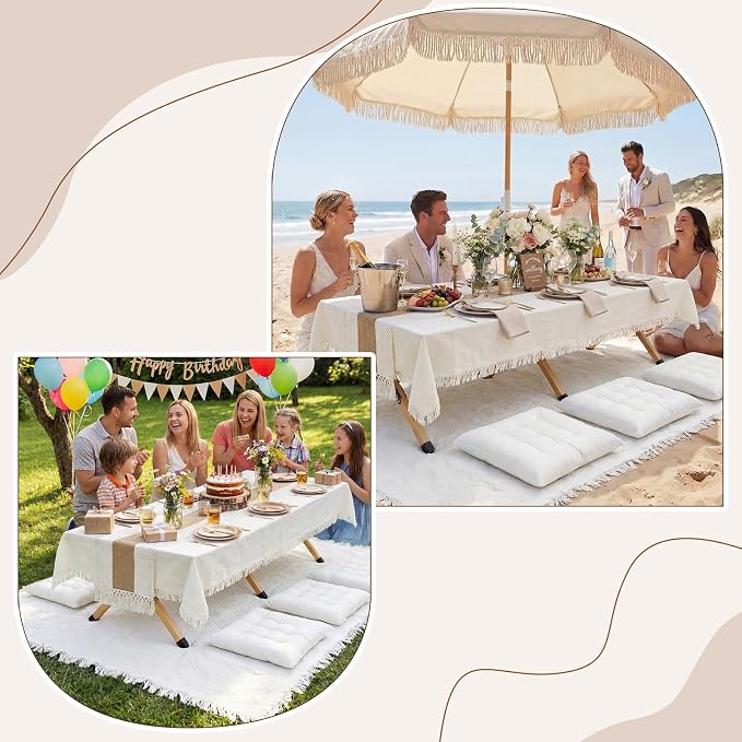 Novabright Picnic Kit Folding Picnic Table Extra Large Outdoor Boho Blanket Beige Table Runner Floor Pillow Covers Woven Cotton Oversize Washable for Camp Wedding(Cream White,Floor Cushions,10 Pcs)
