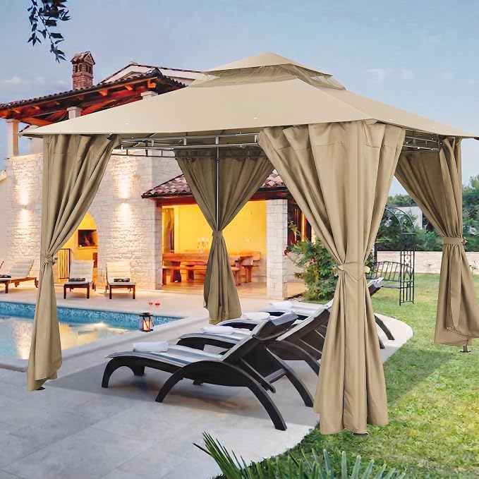 COBIZI 10x10 Gazebo with Double Roof & Mosquito Netting Outdoor Heavy-Duty Party Tent, Patio Tent with Zipper Screens - Backyard Garden Lawn Shelter Includes Wind Ropes Expansion Bolts, Khaki