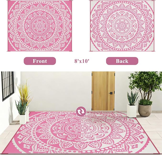 Bsmathom Waterproof Outdoor Rug 8'x10' Reversible Boho Plastic Straw Patio Deck Camping Rugs, Indoor Outdoor Portable RV Mat Clearance Carpet for Outside, Porch, Balcony, Backyard, Beach, Pool,Pink